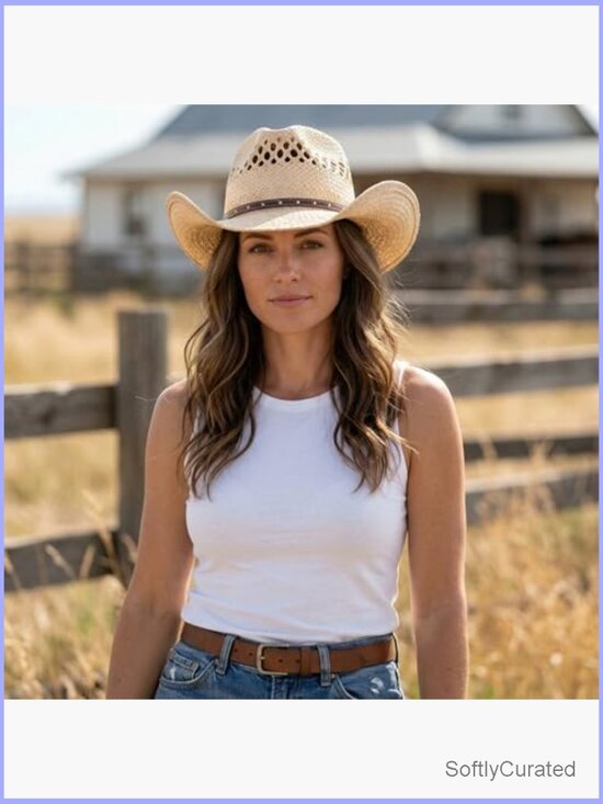 Straw Cowboy Hat Western Cowgirl Rancher Hat Unisex with Decorative Band main image 4